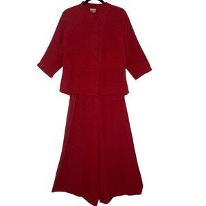 Vintage URU Top & Pant Set Red Floral Textured Silk Size XL Boho, Cottagecore